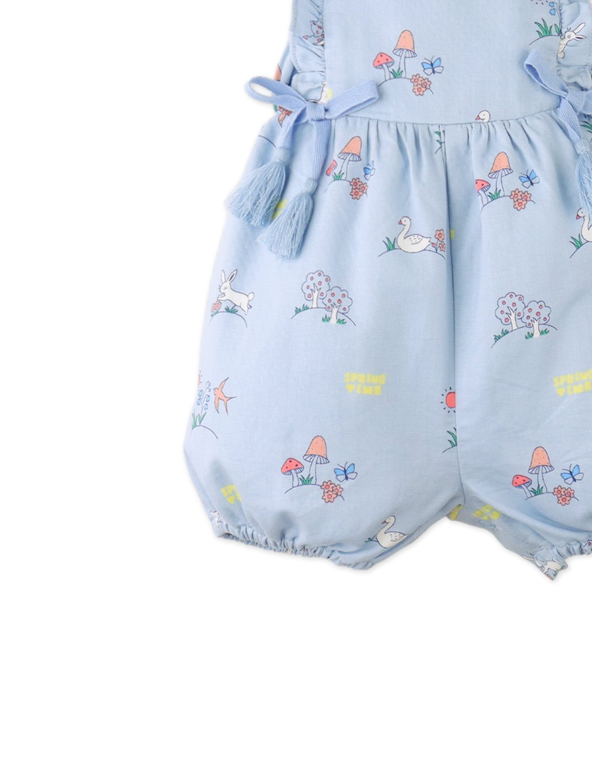 Flatlay front view of the Baby Harvey All-Over Print Bubble Playsuit with Ribbon Ties, showcasing button closures, ribbon ties, and playful bunny prints from the Spring Summer collection of Filipino kids fashion brand Gingersnaps Philippines.