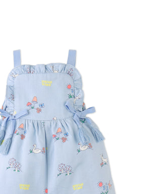 Full front catalog image of the Baby Harvey All-Over Print Bubble Playsuit with Ribbon Ties for kids, featuring whimsical bunny prints and a bubble silhouette from the Spring Summer collection of Gingersnaps Philippines.