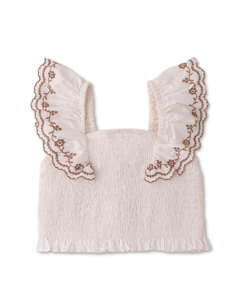 GIRLS SMOCKED TOP  WITH EMBROIDERED FRILL SLEEVES