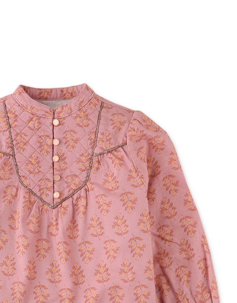 GIRLS FLORAL PRINT TOP WITH WADDED YOKE AND LUREX INSERT CORD