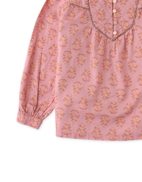 GIRLS FLORAL PRINT TOP WITH WADDED YOKE AND LUREX INSERT CORD