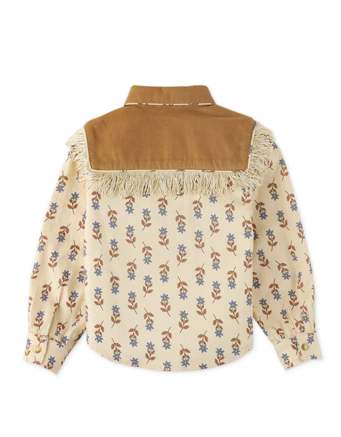 GIRLS PRINTED BUTTON DOWN SHIRT WITH FRINGES ON COMBI YOKE