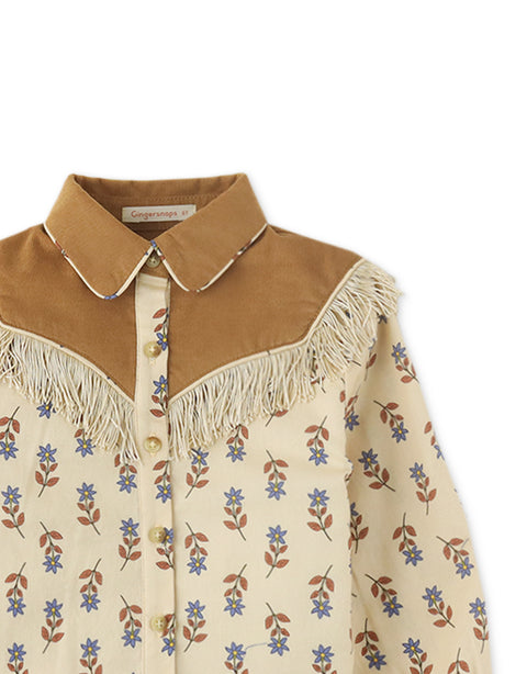 GIRLS PRINTED BUTTON DOWN SHIRT WITH FRINGES ON COMBI YOKE