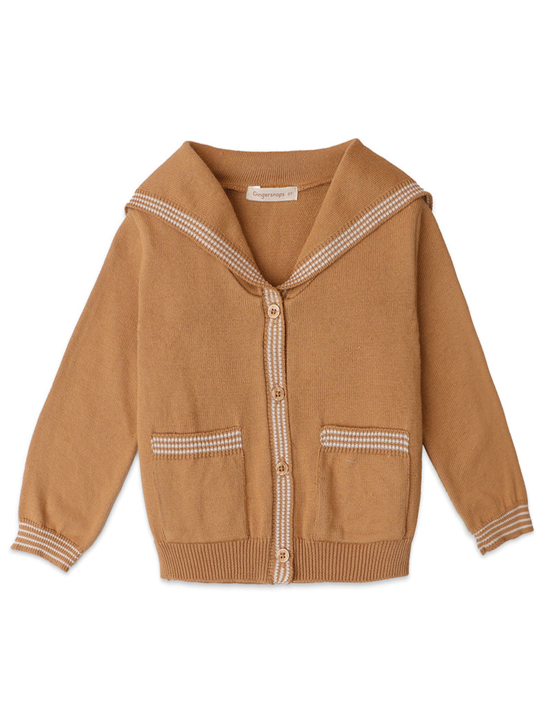 GIRLS SAILOR COLLAR CARDI WITH STRIPEY DETAILING