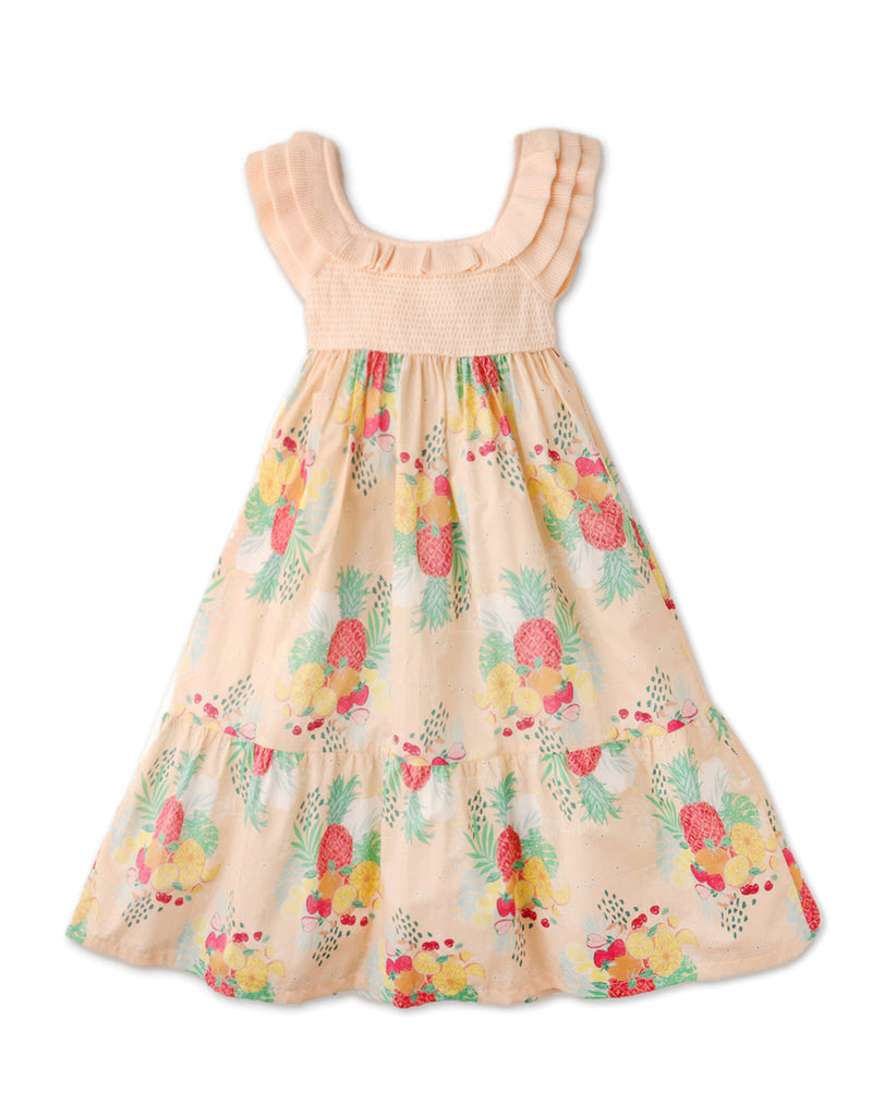 GIRLS KNIT BODICE WITH TROPICAL PRINT MAXI DRESS