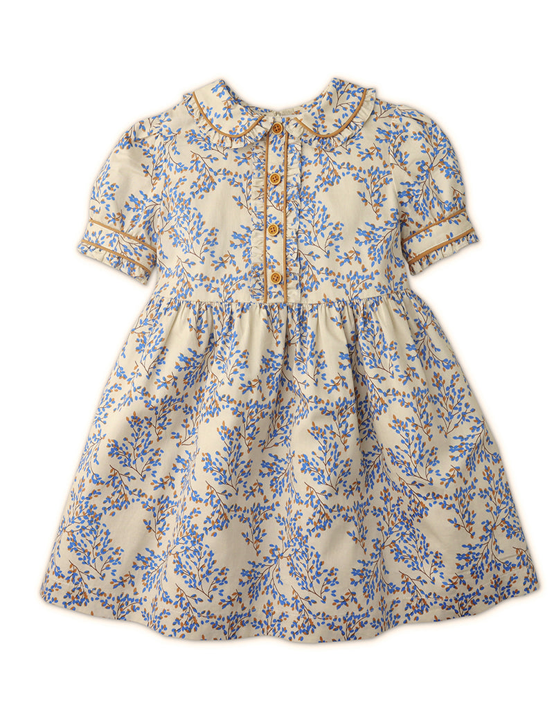 GIRLS PRINTED COLLARED SHIRT DRESS WITH CONTRAST PIPING