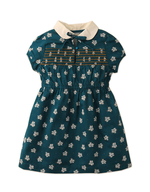 GIRLS DITSY PRINT DRESS WITH CONTRAST PETER PAN COLLAR