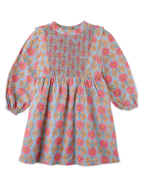 GIRLS SIDE VENTED PRINTED DRESS WITH CHEST SMOCKING
