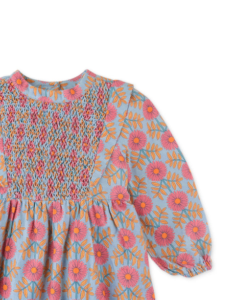 GIRLS SIDE VENTED PRINTED DRESS WITH CHEST SMOCKING