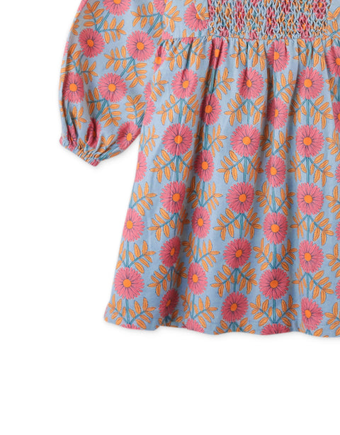 GIRLS SIDE VENTED PRINTED DRESS WITH CHEST SMOCKING