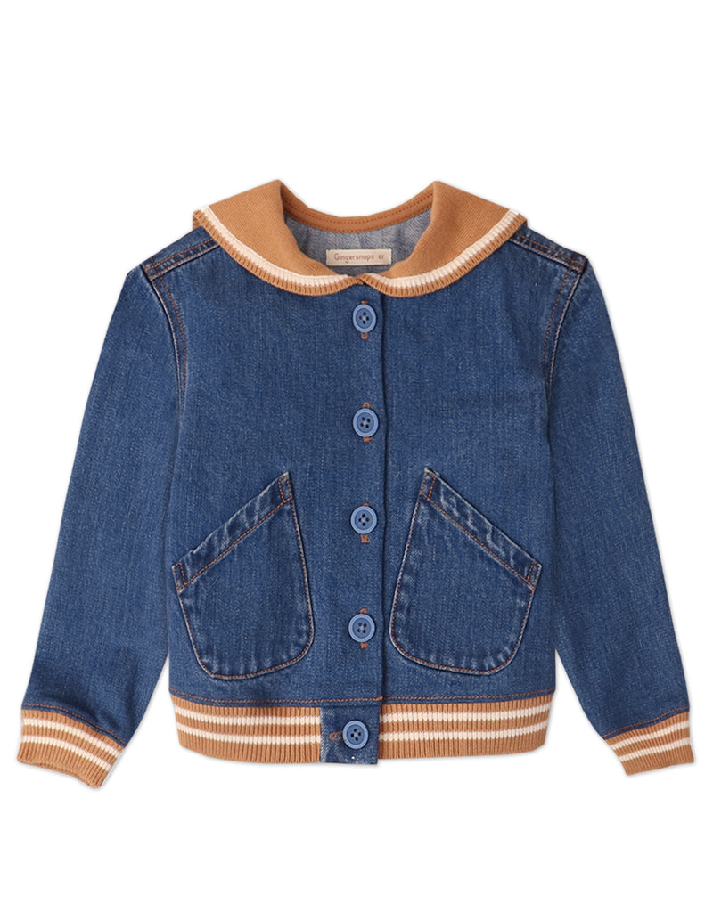 GIRLS SAILOR RIBBED COLLAR DENIM JACKET WITH STRIPEY RIBBED CUFFS AND HEM