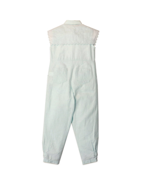 GIRLS LINEN JUMPSUIT WITH EMBROIDERED BIB COLLAR
