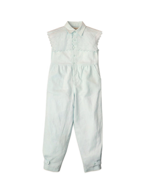 GIRLS LINEN JUMPSUIT WITH EMBROIDERED BIB COLLAR