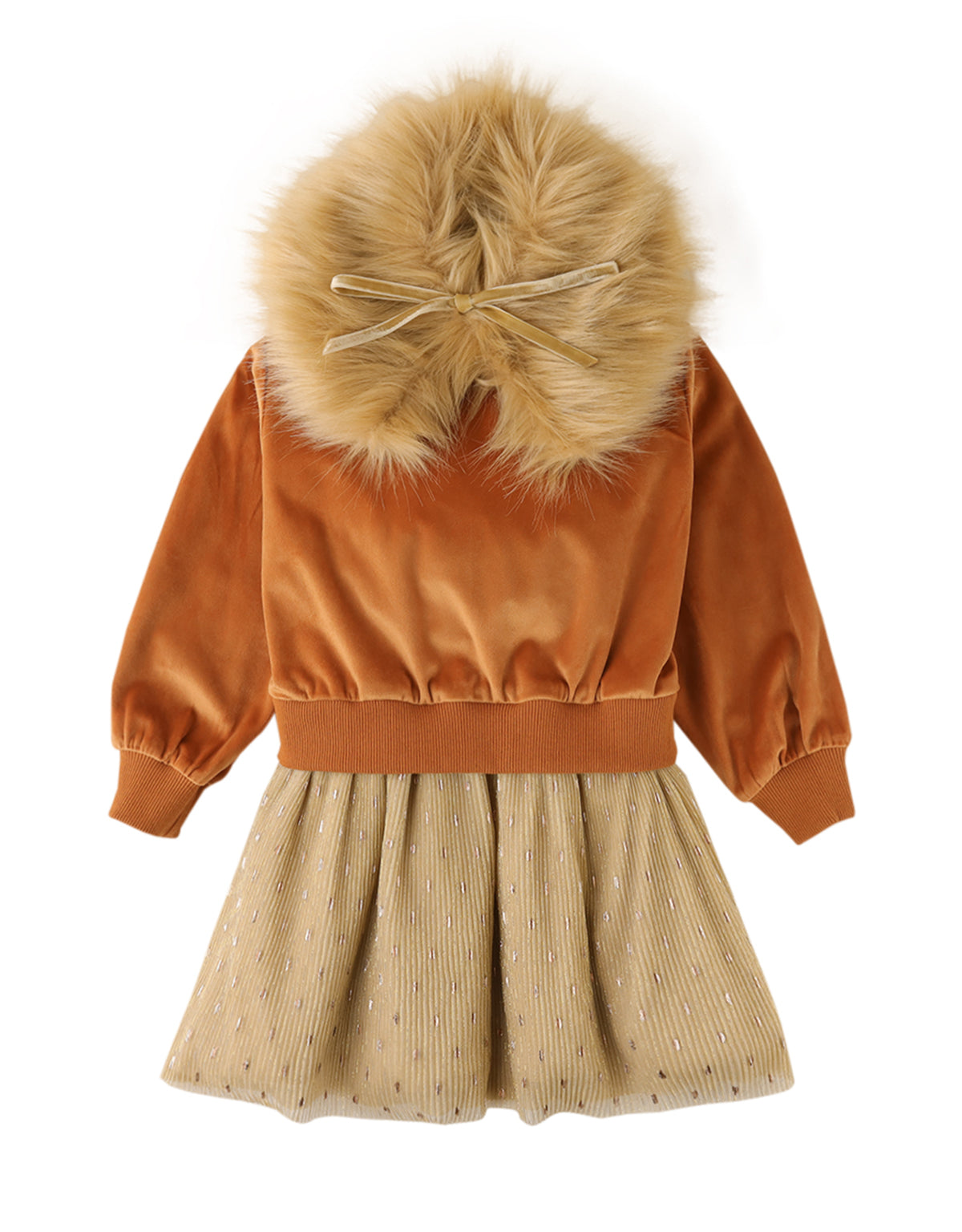 GIRLS VELVET DRESS WITH TULLE SKIRT AND DETACHABLE FAUX FUR COLLAR