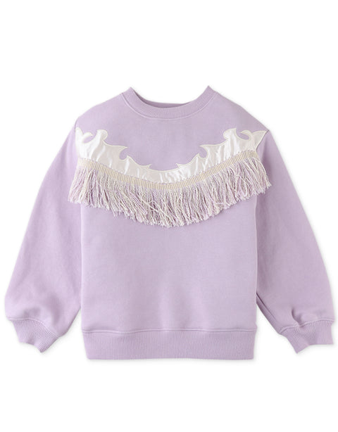 GIRLS FLEECE PULLOVER WITH APPLIQUE AND FRINGES ON FRONT