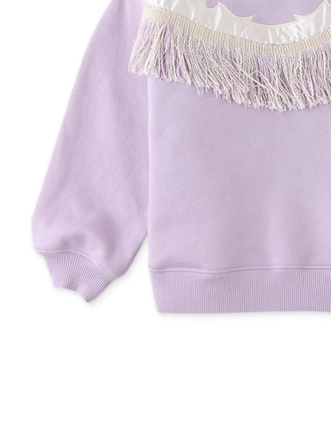 GIRLS FLEECE PULLOVER WITH APPLIQUE AND FRINGES ON FRONT