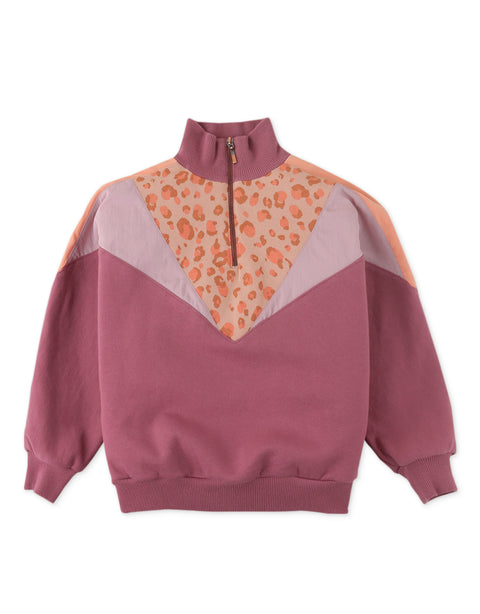 GIRLS LEOPARD PRINT AND COLOR BLOCK HALF ZIP FLEECE PULLOVER