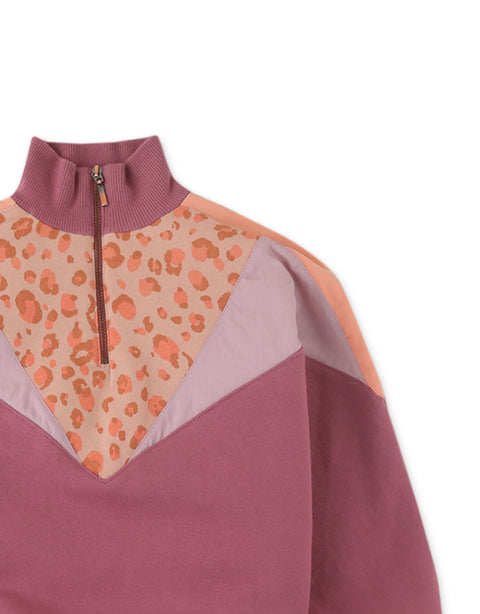 GIRLS LEOPARD PRINT AND COLOR BLOCK HALF ZIP FLEECE PULLOVER
