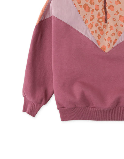 GIRLS LEOPARD PRINT AND COLOR BLOCK HALF ZIP FLEECE PULLOVER