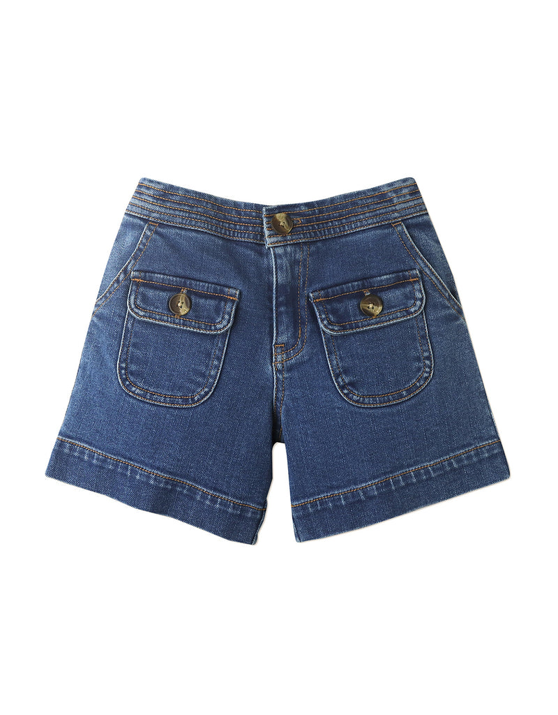 GIRLS DENIM UTILITY SHORTS WITH PATCH POCKETS AND CONTRAST TOP STITCHING