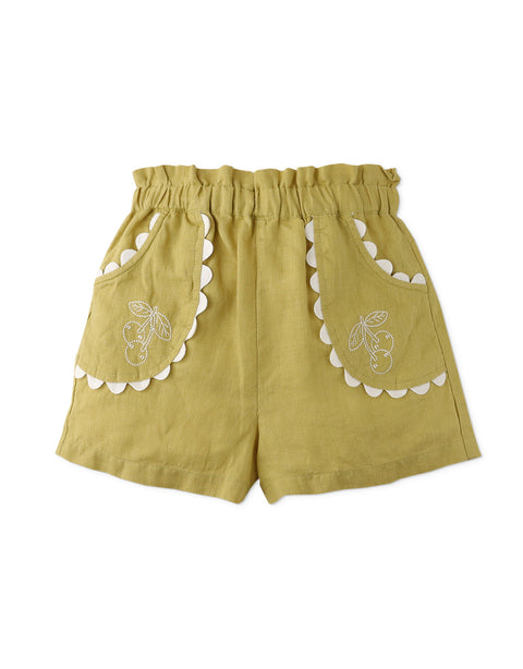 GIRLS PULL-ON SHORTS WITH CONTRAST RICRAC  AND CHERRY EMBRO