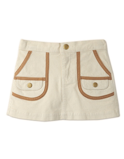 GIRLS DENIM SHORT A-LINE SKIRT WITH PATCH POCKET AND CONTRAST PIPING