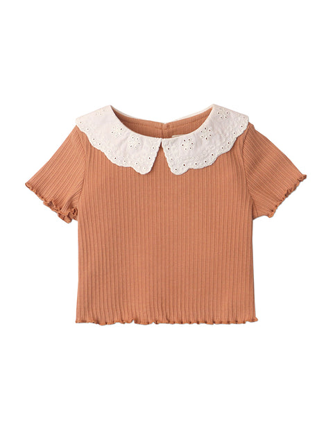 BABY GIRLS EMBROIDERED LACE TRIM COLLAR RIB TEE