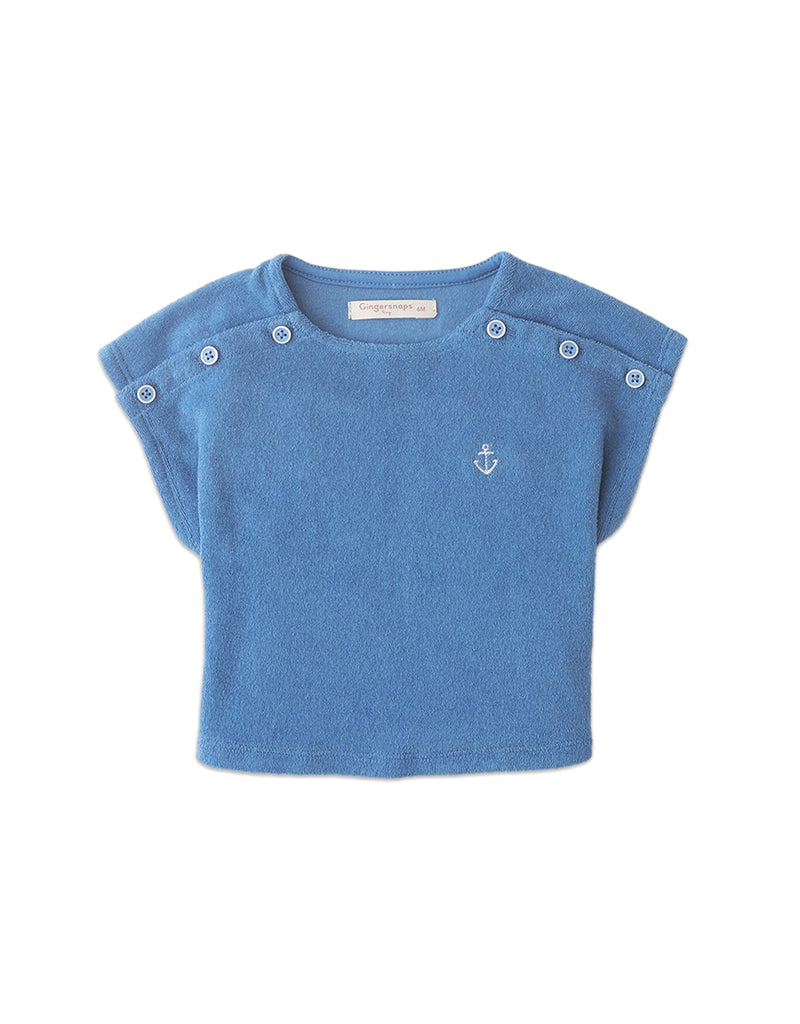 BABY GIRLS TERRY TOWEL BOAT NECK TOP WITH ANCHOR EMBROIDERY DETAIL