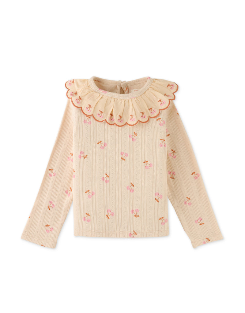 BABY GIRLS PRINTED RIB TEE WITH EMBROIDERED SCALLOP COLLAR