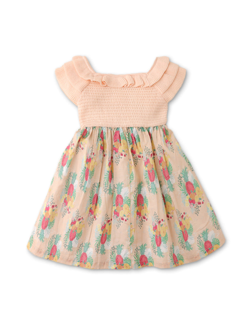 BABY GIRLS KNIT BODICE WITH TROPICAL PRINT DRESS