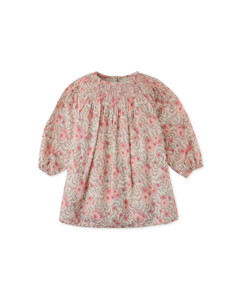 BABY GIRLS FLORAL PRINT DRESS WITH SMOCKING