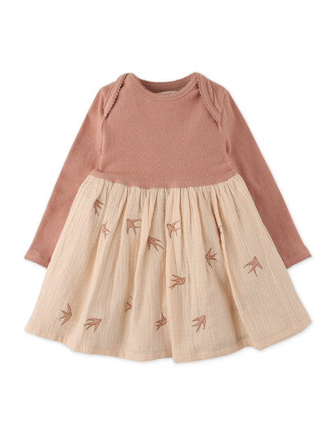 BABY GIRLS ENVELOP NECK DRESS WITH BIRD EMBROIDERY