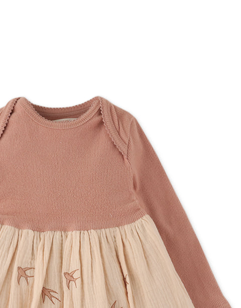 BABY GIRLS ENVELOP NECK DRESS WITH BIRD EMBROIDERY