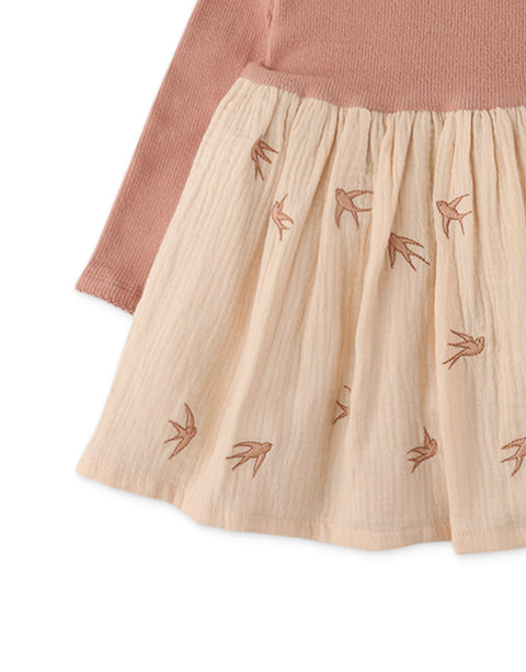 BABY GIRLS ENVELOP NECK DRESS WITH BIRD EMBROIDERY