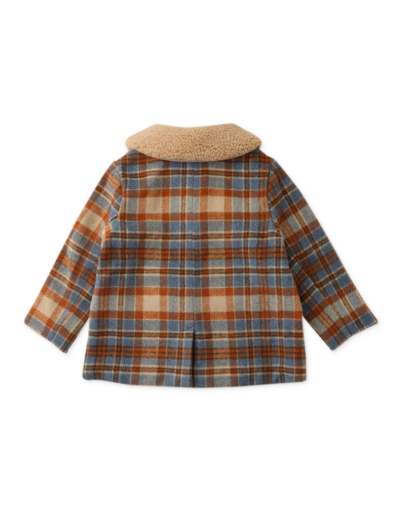 BABY GIRLS CHECKERED WOOL COAT WITH SHERPA COLLAR