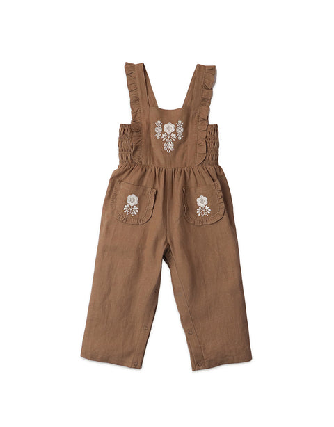 BABY GIRLS EMBROIDERED LINEN JUMPSUIT WITH RUFFLES