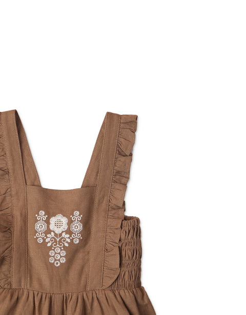 BABY GIRLS EMBROIDERED LINEN JUMPSUIT WITH RUFFLES