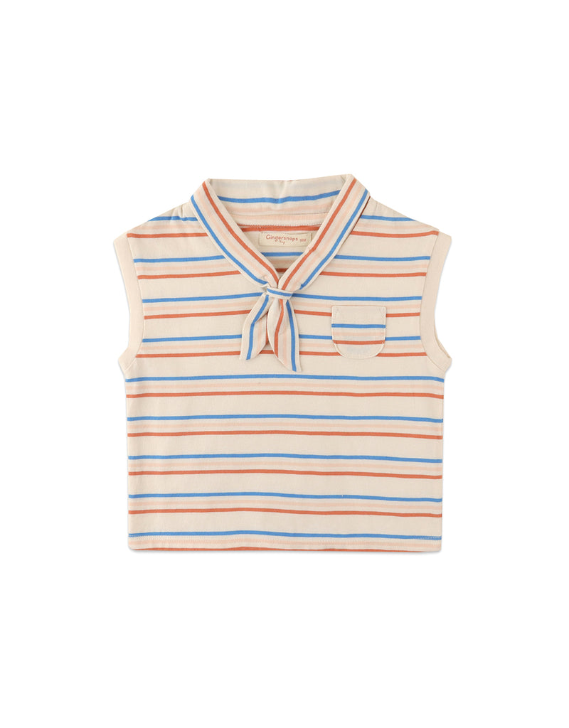 BABY GIRLS MULTICOLOR STRIPEY COLLARED SLEEVELESS TOP WITH POCKET