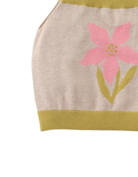 GIRLS FLORAL INTARSIA KNITTED TANK TOP ON MELANGE KNIT