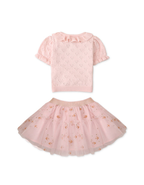 BABY GIRLS POINTELLE KNIT TOP AND TULLE WITH BIRD EMBROIDERY SKIRT SET
