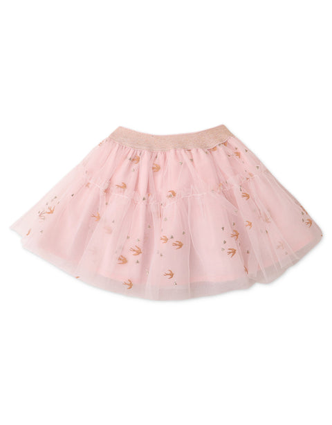 BABY GIRLS POINTELLE KNIT TOP AND TULLE WITH BIRD EMBROIDERY SKIRT SET