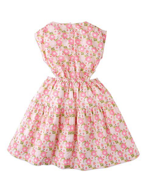 GIRLS FLORAL PRINT DRESS WITH TIES AND SIDE CUT OUTS