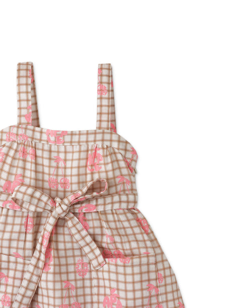 GIRLS GRID AND FRUIT PRINT STRAPPY DRESS WITH TIES